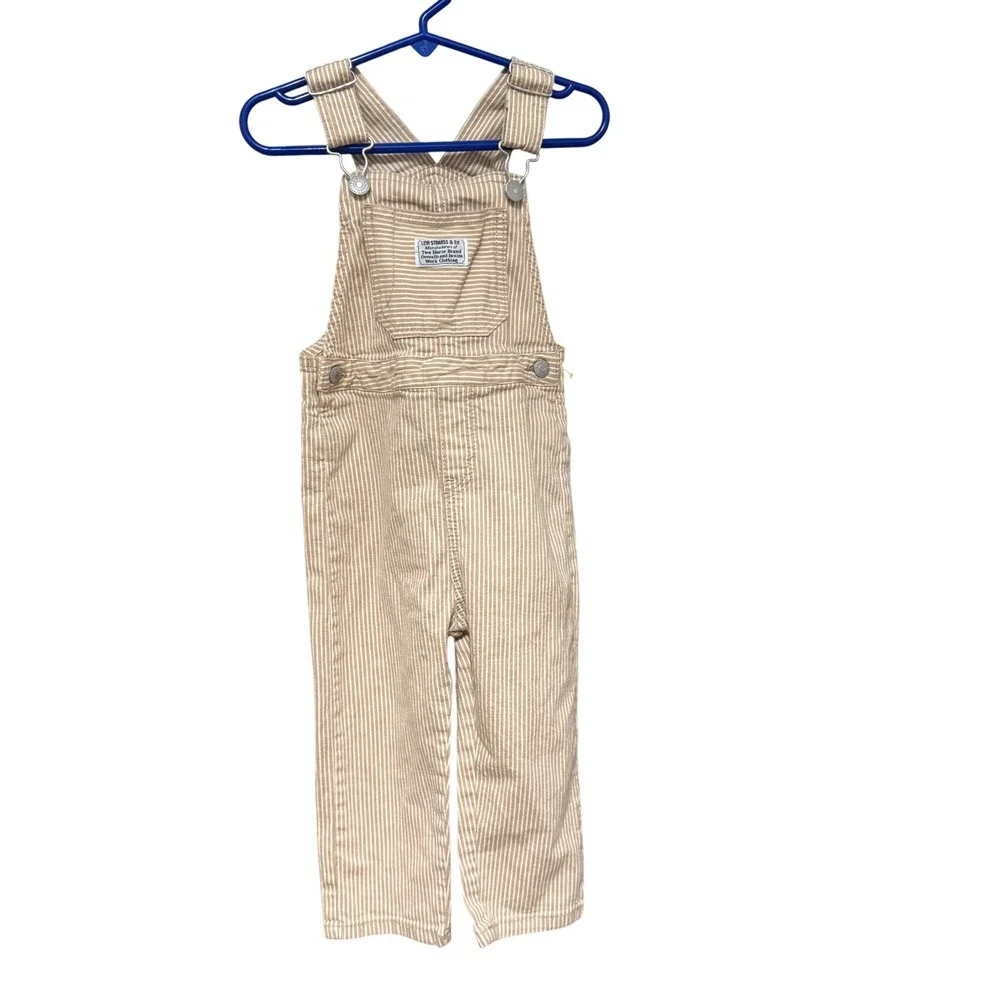 Levi Overalls Hickory Stripe 3T Tan White Excellent Toddler Bibs